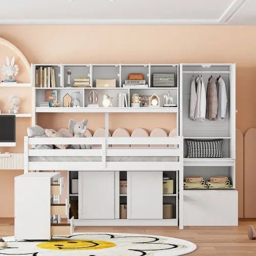 Loft Bed With Mobile Drawer Unit And Sliding Doors, White Storage