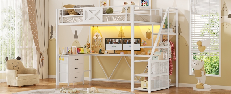 Loft Bed With Storage Stairs And LED Lighting, L-Shaped Desk White