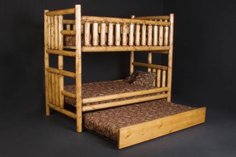 Log Bunk Bed with Trundle and Vertical Spindle Safety Rails