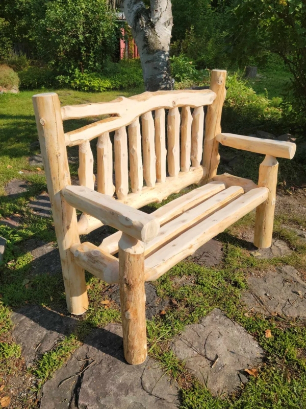 Log Garden Bench with Spindle Backrest and Peeled Finish
