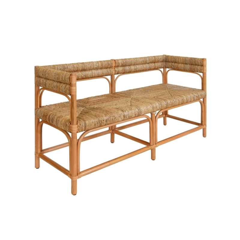 Long Bench Coastal Rattan Geometric Seagrass Weave Six Legs