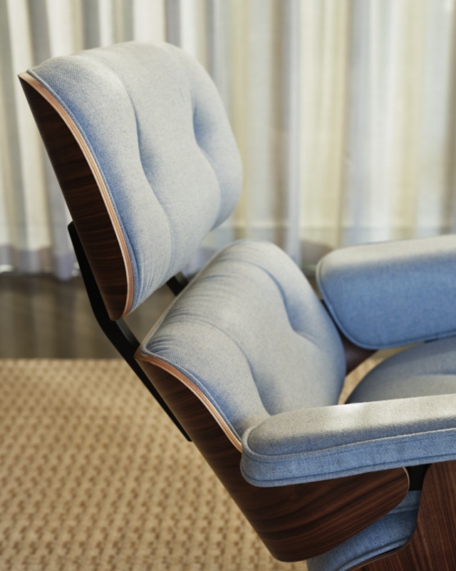 Lounge Chair Bent Plywood Walnut Veneer Light Blue Fabric Mid-Century