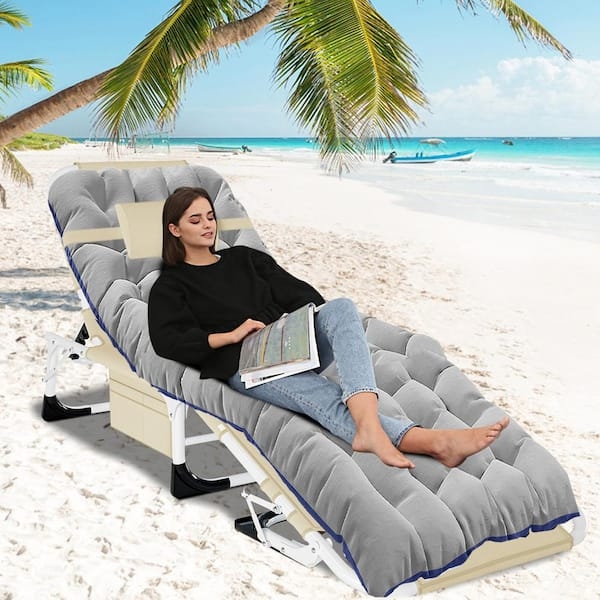 Lounge Chair Folding Tanning Grey Tufted Pad 5-Position Recline