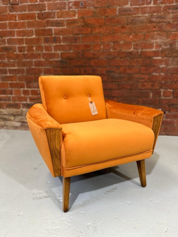 Lounge Chair in Burnt Orange Velvet with Distinctive Wood Arm Accents