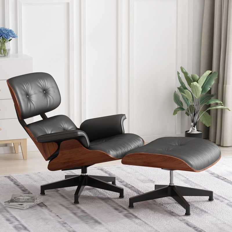 Lounge Chair Ottoman: Contemporary Chic Walnut & Black Swivel Set