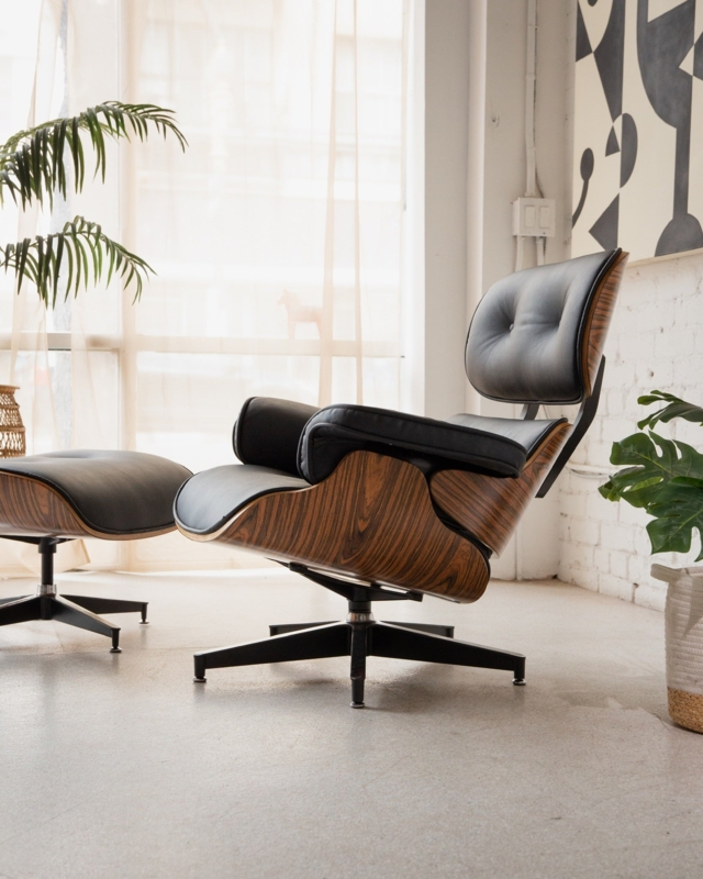 Lounge Chair Ottoman: Iconic MCM Wood Shell Design & Tufting
