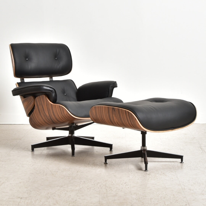 Lounge Chair & Ottoman: Molded Plywood & Black Leather Tufted Set