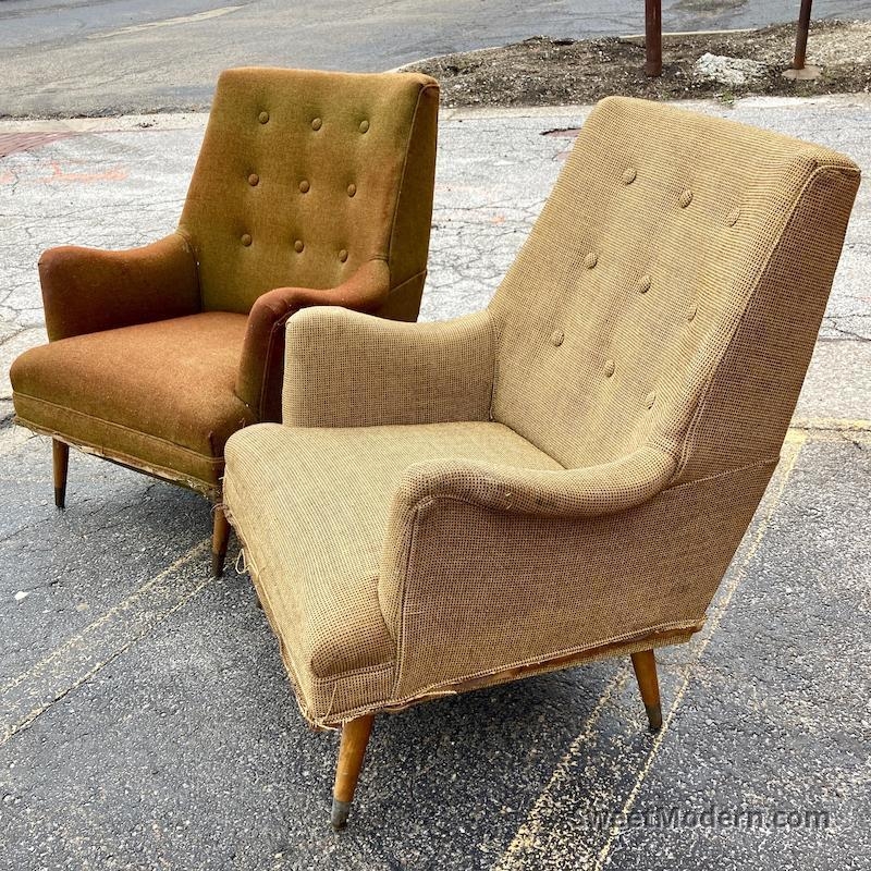 Lounge Chair Pair with Curvy Silhouette and Button Tufted High Back