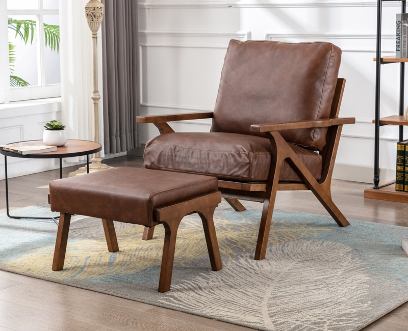 Lounge Chair Set: Walnut Finish Frame with Arched Ottoman Base