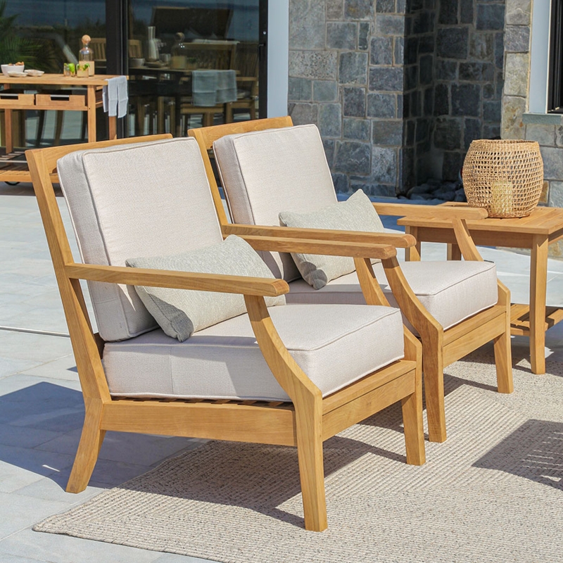 Lounge Chair Transitional Sloped Arms Angled Back Honey Teak Wood