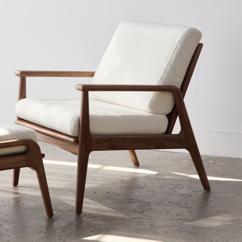 Lounge Chair Walnut Wood Tapered Legs Cream Boucle Texture Slanted Back