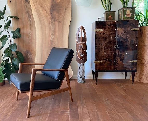 Lounge Chair with Black Leather-Like Upholstery and Walnut Frame