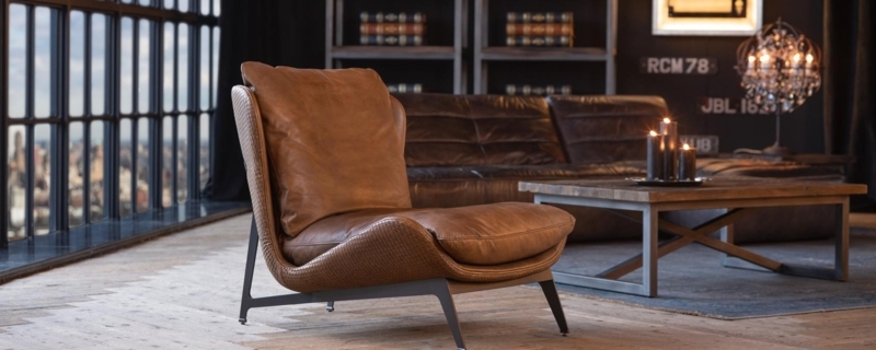 Lounge Chair with Unique Woven Shell Back and Cognac Leather Seat