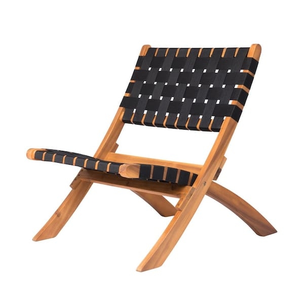 Lounge Chair Woven Black Straps Wood, Mid Century Outdoor Seating