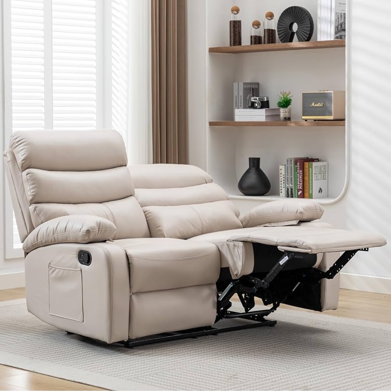 Loveseat Recliner Manual Pull Lever Beige Side Pocket Small Space