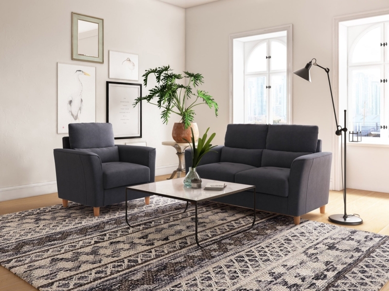 Loveseat Set Charcoal Grey Fabric Tapered Legs Track Arms Mid-Century