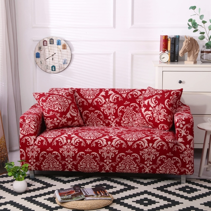 Loveseat Slipcover Crimson Damask Print Stretch Fit Furniture