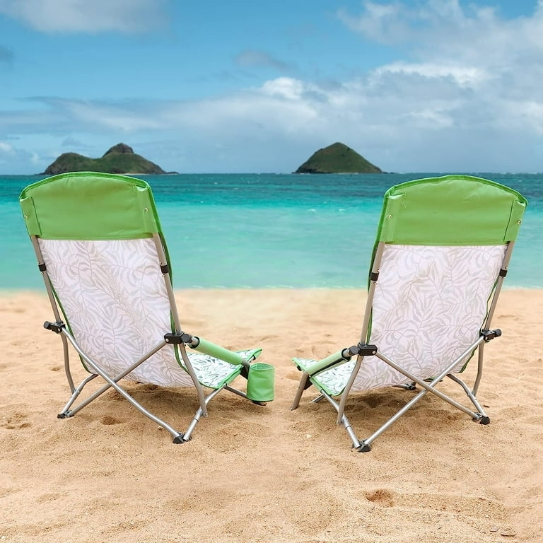 Low Beach Chair with Vibrant Green Tropical Leaf Print
