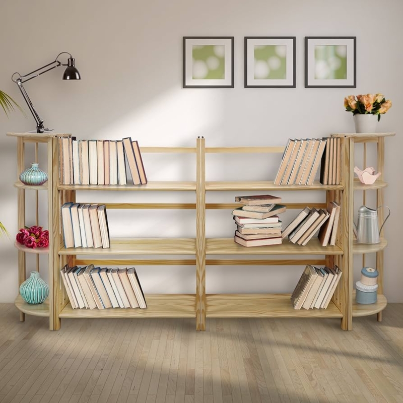 Low Bookcase with Open Shelving Curved Ends, Light Wood Tone
