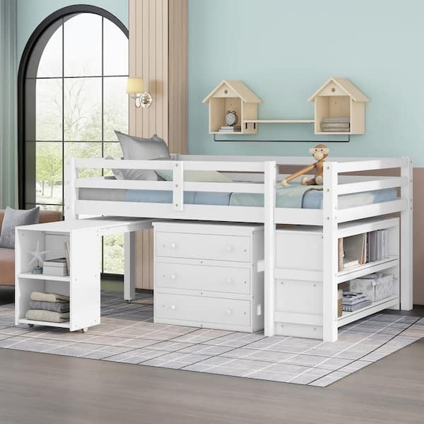 Low Loft Bed System with Rolling Portable Desk and Storage Cabinet