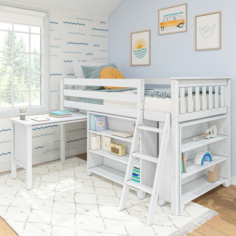 Low Loft Bed With Pull-Out Desk And Bookcases, Coastal White Style