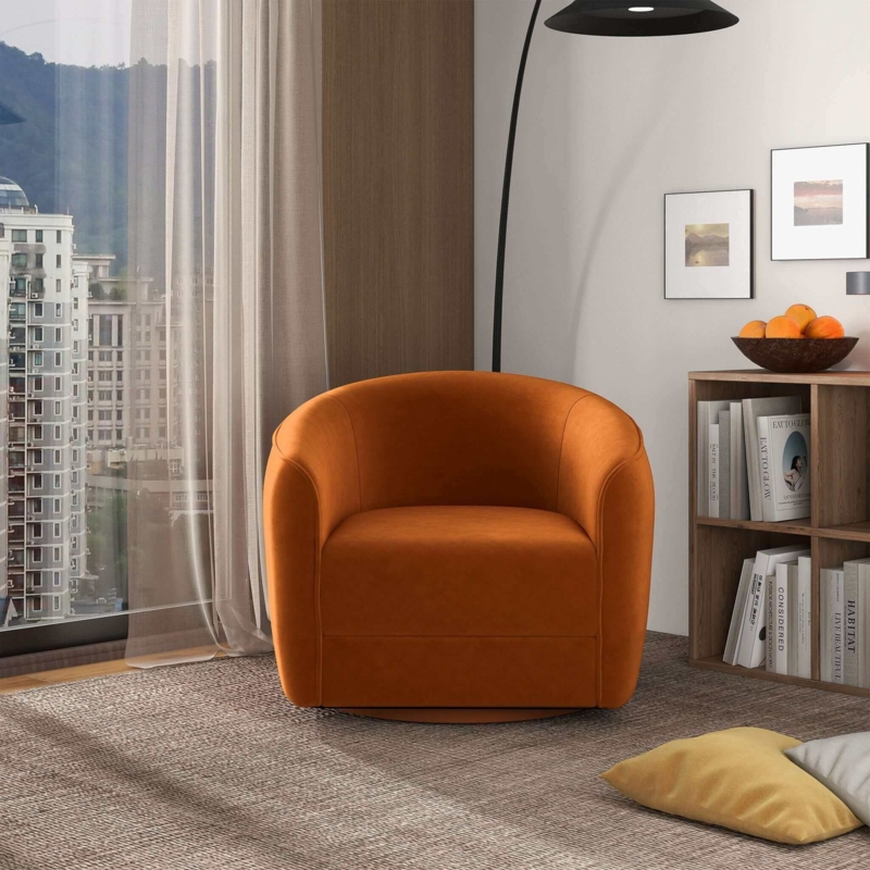 Low Profile Barrel Swivel Chair, Velvet Upholstery, Modern