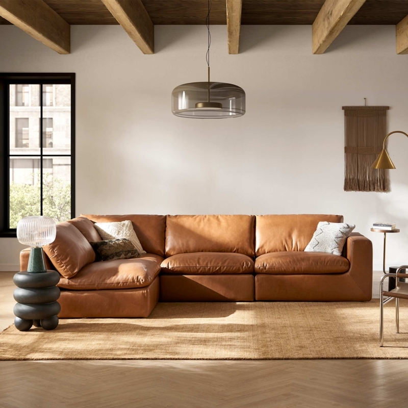 Low Profile Chaise Sofa Cognac Leather Modular Tan Seating