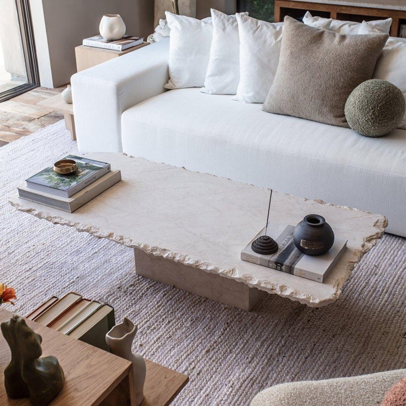 Low Profile Coffee Table, Raw Edges, Pedestal Base, Matte Stone.