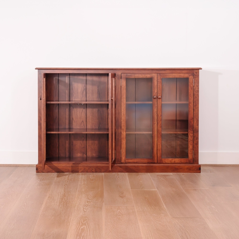 Low Profile Double Bookcase Warm Cherry Finish with Glass Doors