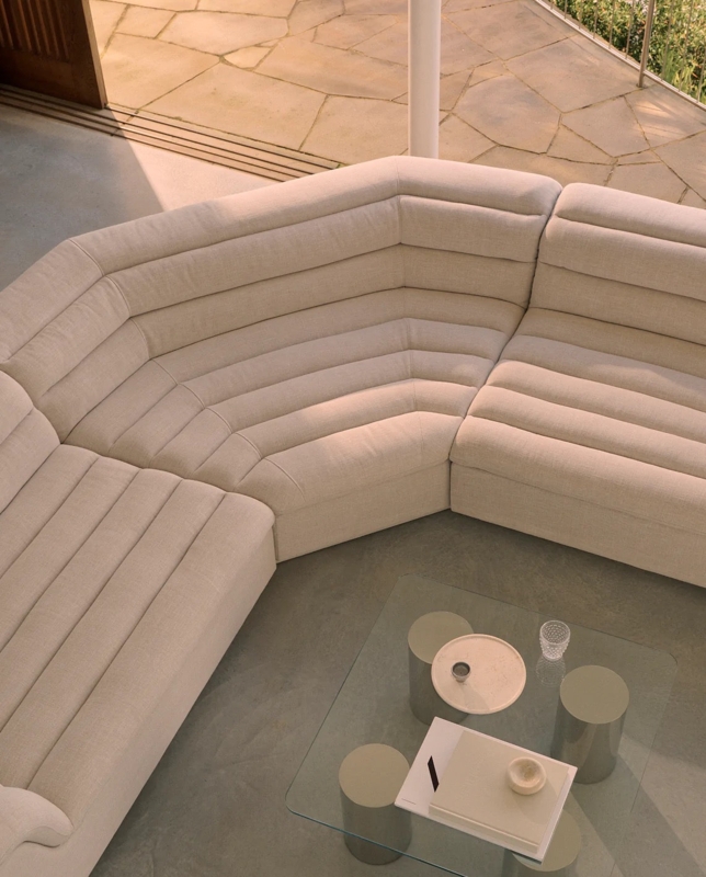 Low Profile Sectional: Beige Curved Horizontal Tufting