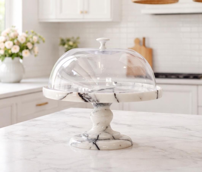 Luxury Cake Stand with White Veined Marble Base and Turned Stem