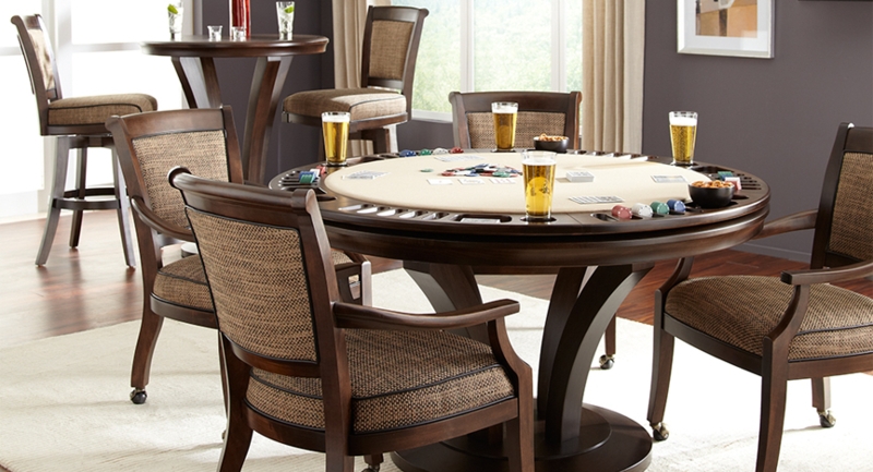 Luxury Game Table Set with Curved Wood Base and Caster Armchairs