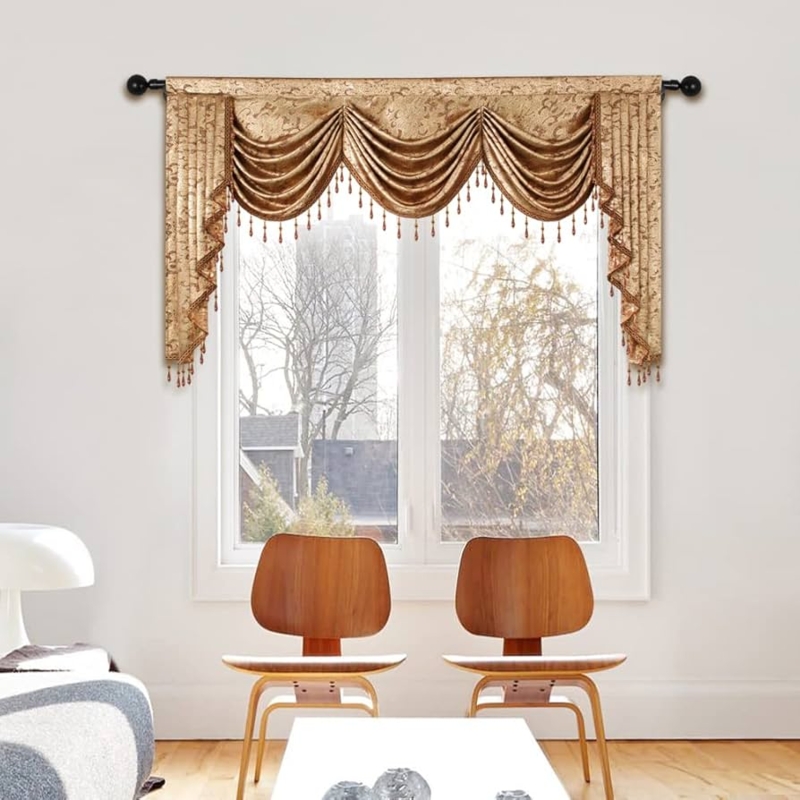 Luxury Gold Triple Swag Valance with Ornate Beading