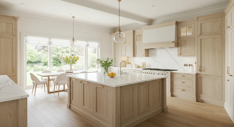 Luxury Kitchen Cabinets with Full Height Backsplash and Gold Accents