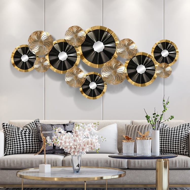 Luxury Metal Wall Art with Pleated Black Discs and Gold Accents