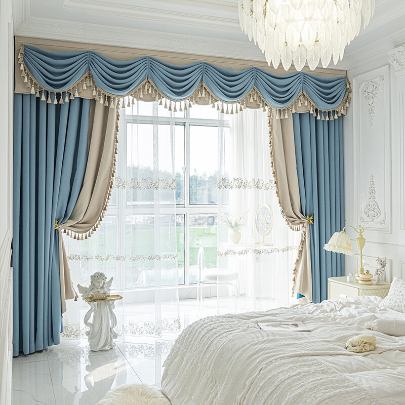 Luxury Powder Blue Swag Valance with Embroidered Sheers