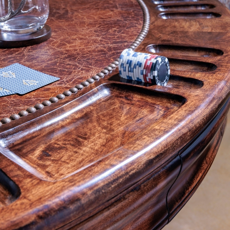 Luxury Round Poker Table with Pebble Grain Top and Carved Trays