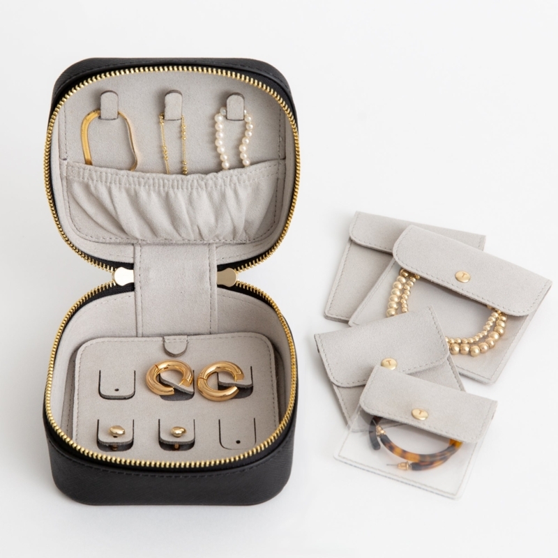 Luxury Travel Jewelry Case, Black Pebbled with Modular Snap Pouches