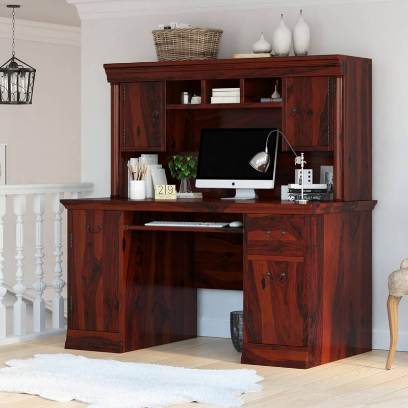 Mahogany Computer Desk with Hutch: Rustic Traditional Prominent Grain