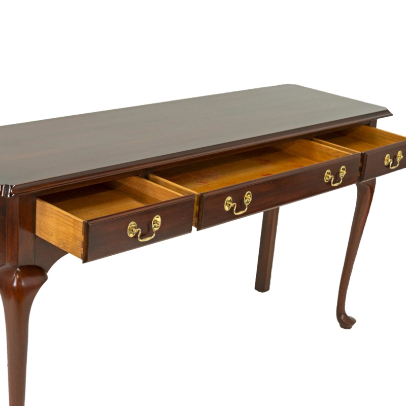 Mahogany Console Table featuring Three Drawers and Brass Bail Pulls