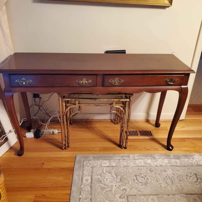 Mahogany Entry Table with Dual Drawers, Batwing Pulls, and Cabriole Legs