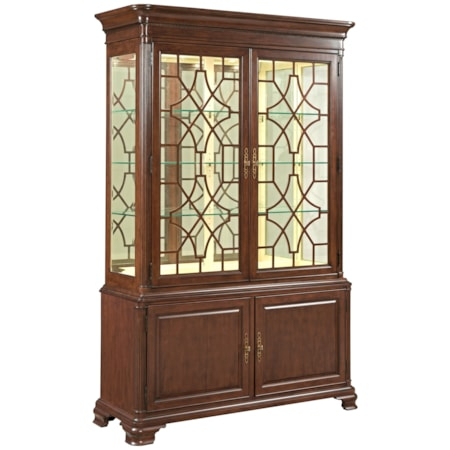 Mahogany Toned China Cabinet with Geometric Fretwork Doors