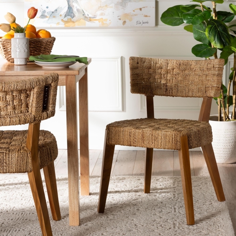 Mahogany Wood Dining Chair with Checkerboard Weave