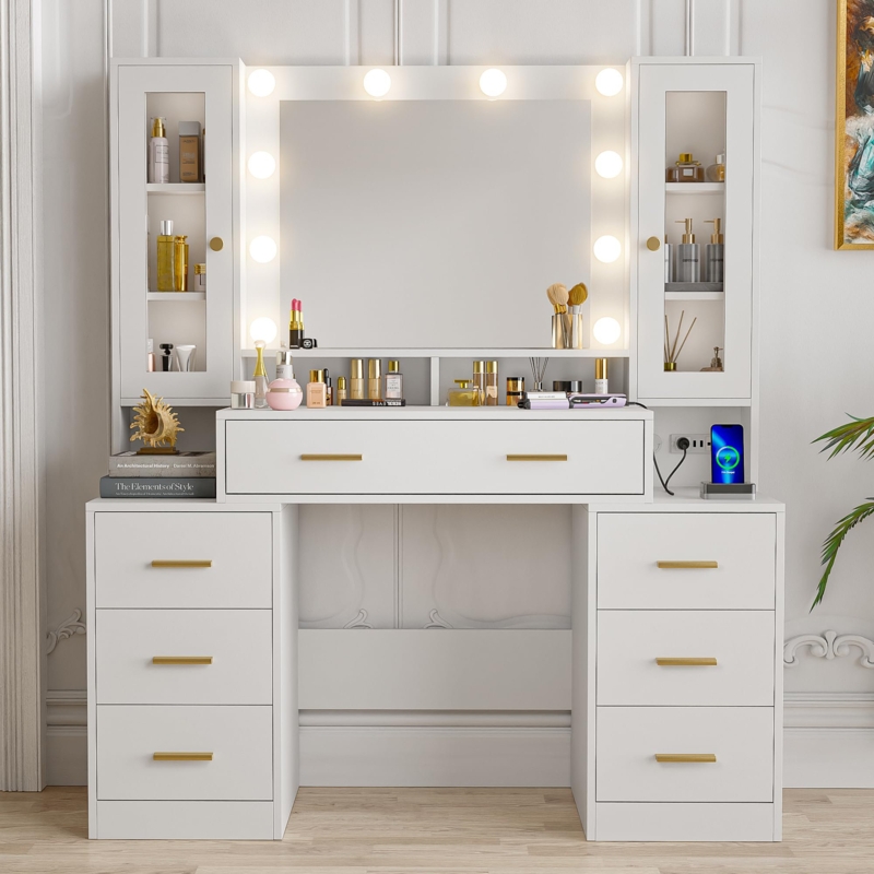 Makeup Vanity Glass Front Cabinets, Seven Drawers, Hollywood Lights