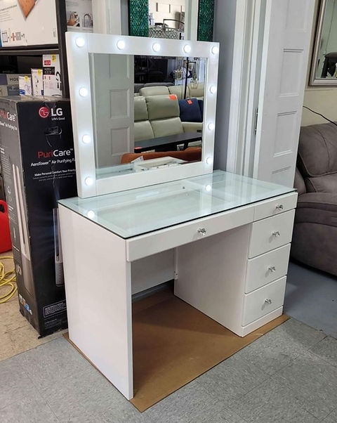 Makeup Vanity Glass Top 5 Drawers Hollywood Bulbs Integrated LED Mirror