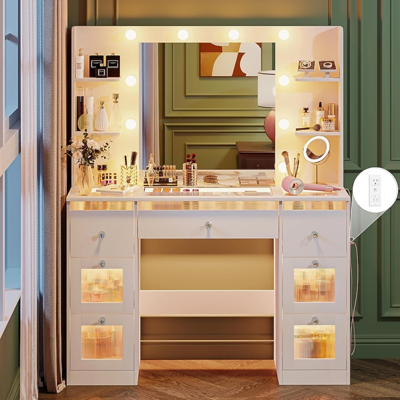 Makeup Vanity Glass Top Desk, Fluted Glass Drawers, Hollywood Mirror