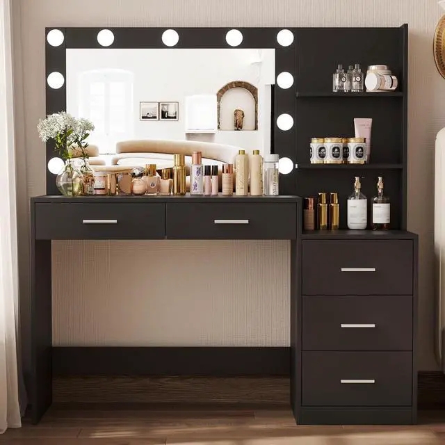 Makeup Vanity Matte Black, Integrated Bulbs, Five Drawers, Shelving