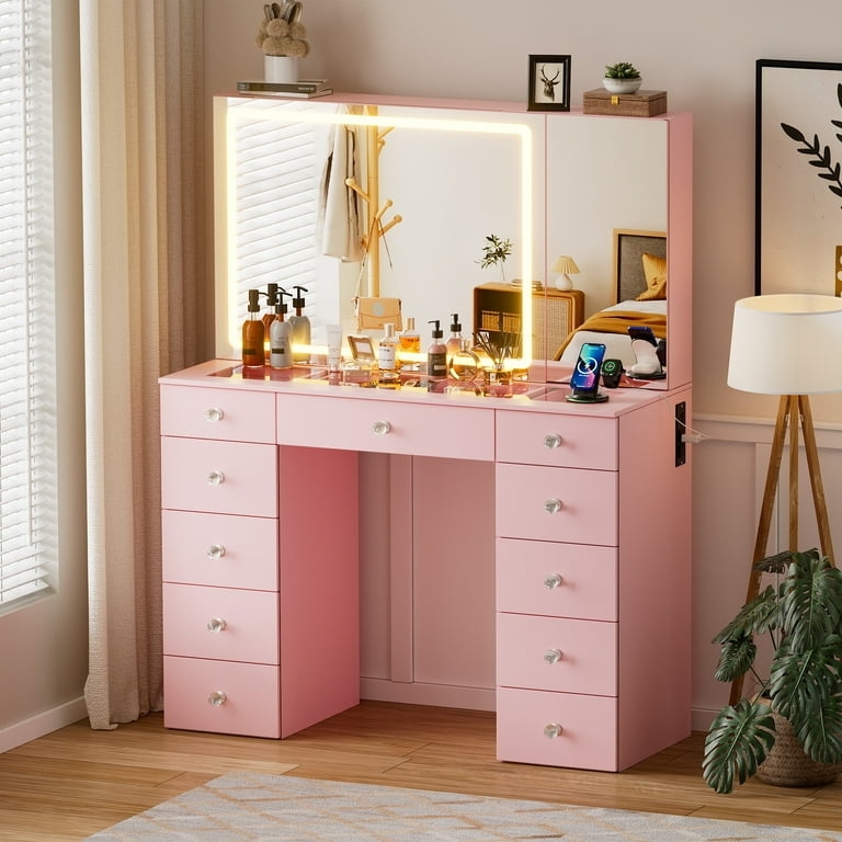 Makeup Vanity Powder Pink, Eleven Drawers, LED Mirror, Crystal Knobs