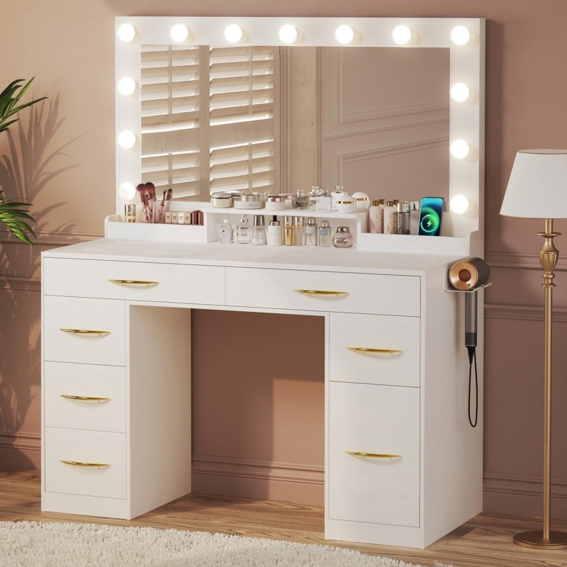 Makeup Vanity Tiered Top, Seven Drawers, Gold Handles, Lighted Mirror