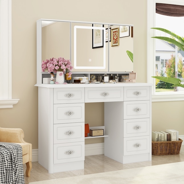 Makeup Vanity Tri Fold LED Mirror 7 Drawers Ornate Knobs Recessed Space
